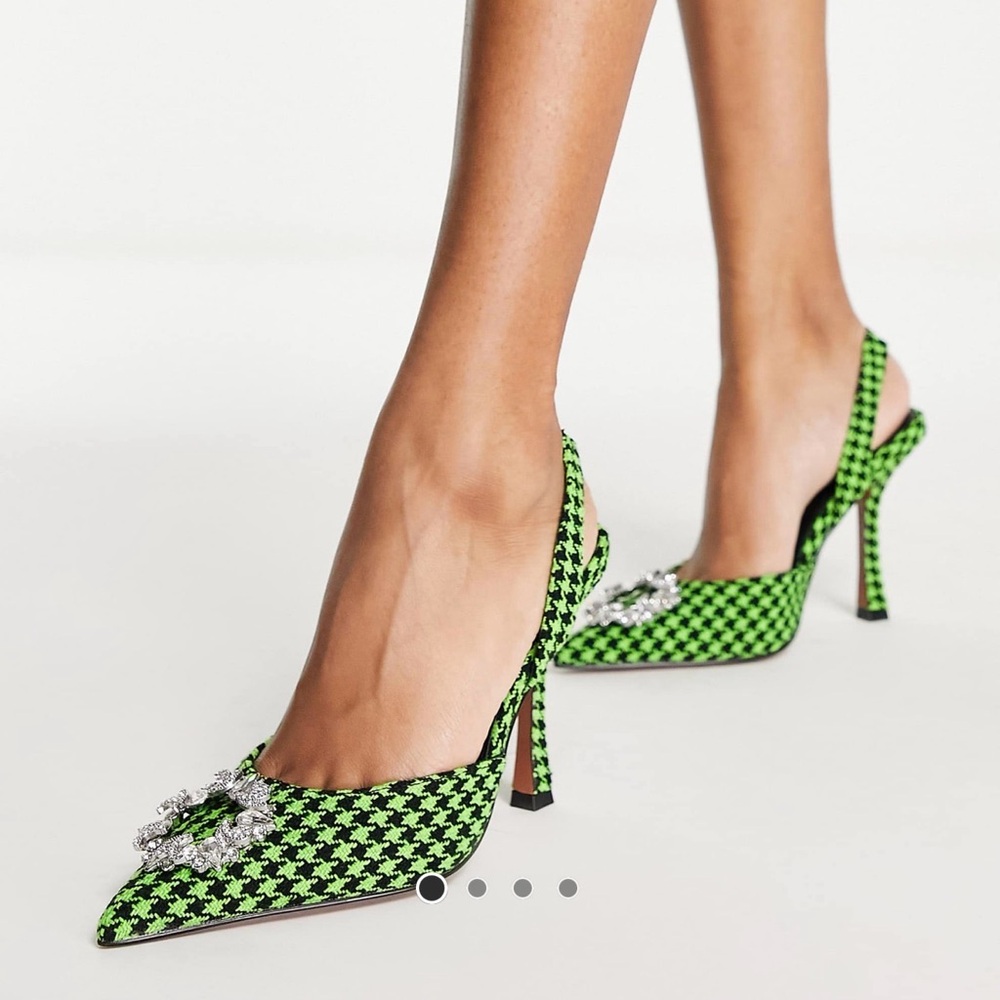 ASOS Green Houndstooth Slingback Heels with Crystal Buckle - Picture 3 of 3